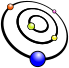 A stylized solar system seen at an oblique angle
